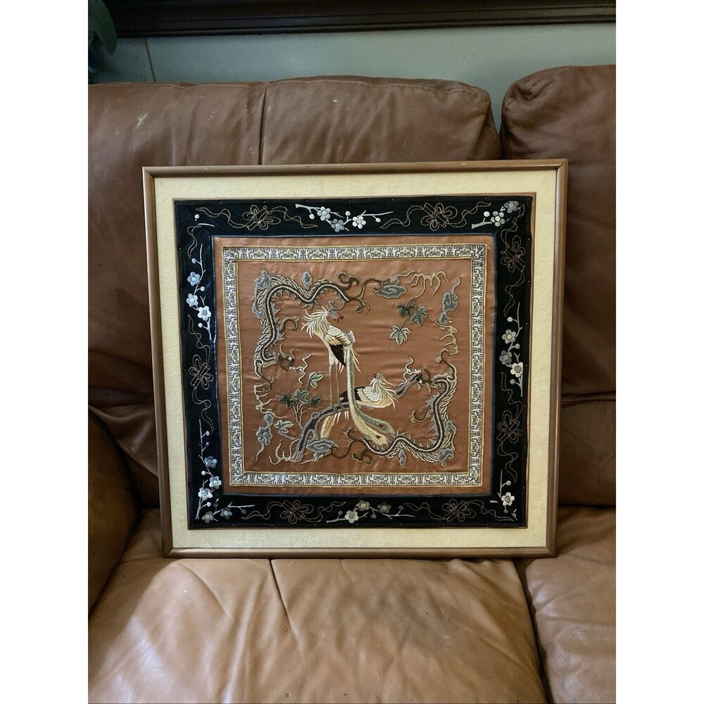 Vintage Chinese Silk Embroidery - Suzho Style Cranes Dragons Midcentury - Framed